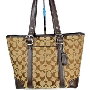 Vintage Coach Hampton Brown Khaki Jacquard Leather Signature Market Tote Bag